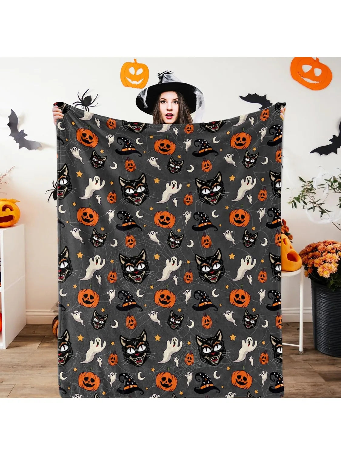 Halloween Flannel Throw Blanket – Soft 3D Printed Cozy Blanket with Pumpkin, Witch Hat, Spider Web & Bat Design