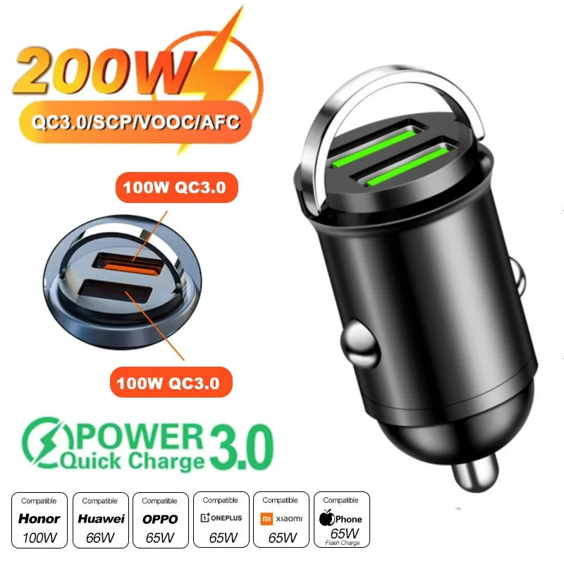Mini Car Charger – 200W QC3.0 & PD Fast Charging | USB-A + USB-C | iPhone, Samsung, Xiaomi