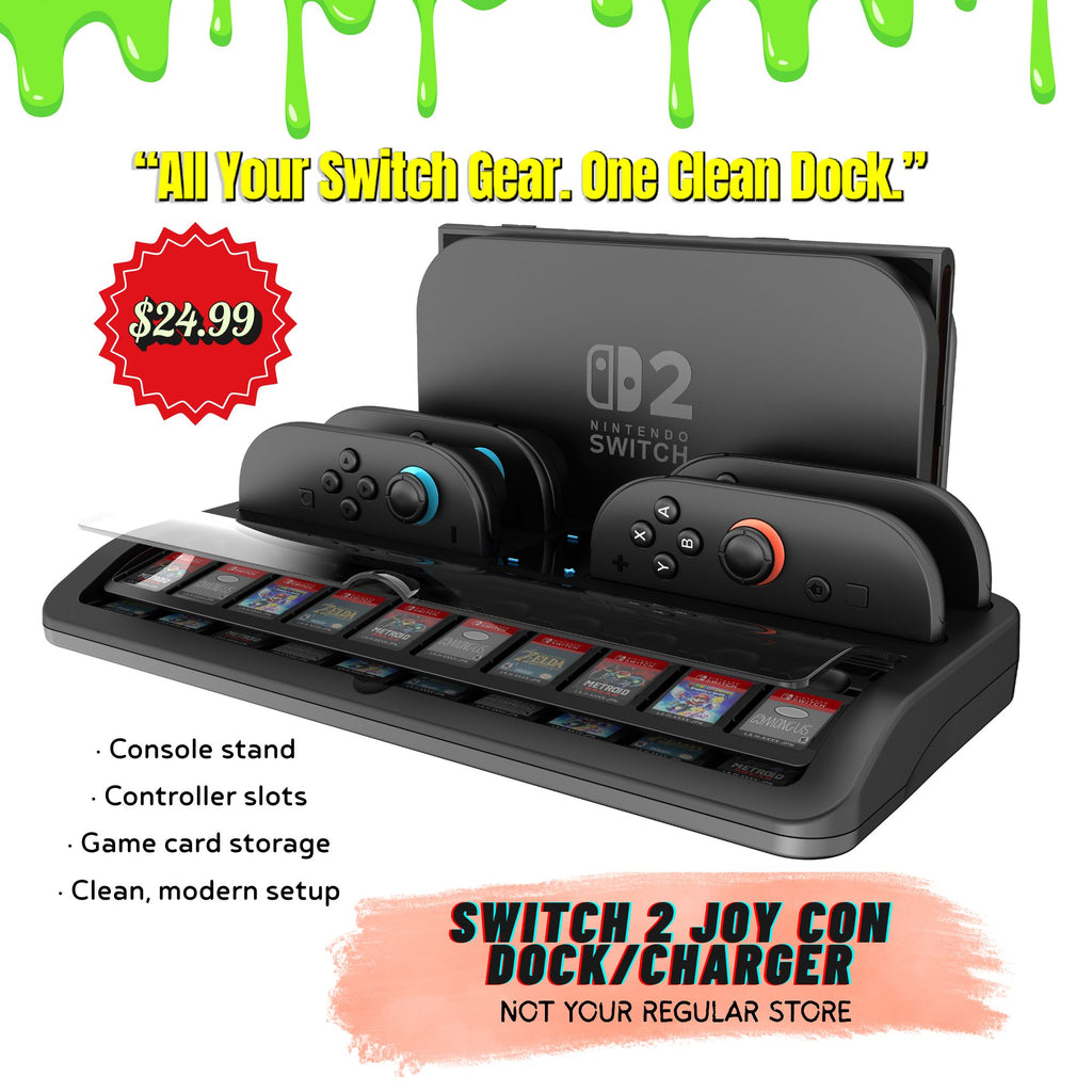 Nintendo Switch dock with controllers and games, featuring a price tag and promotional text.