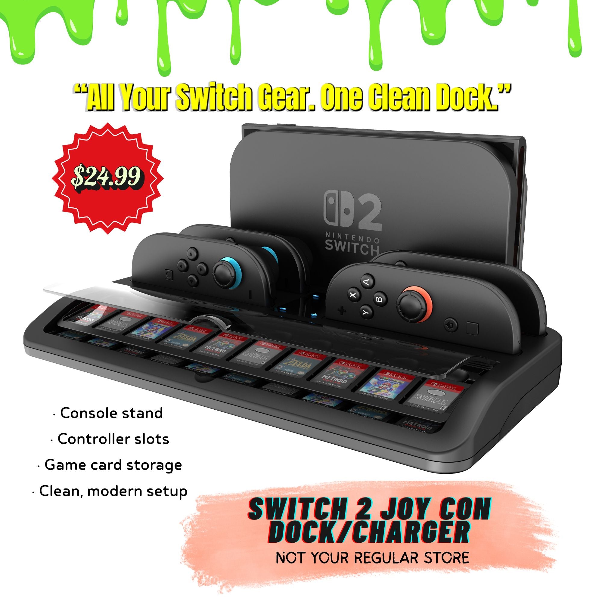 Nintendo Switch dock with controllers and games, featuring a price tag and promotional text.