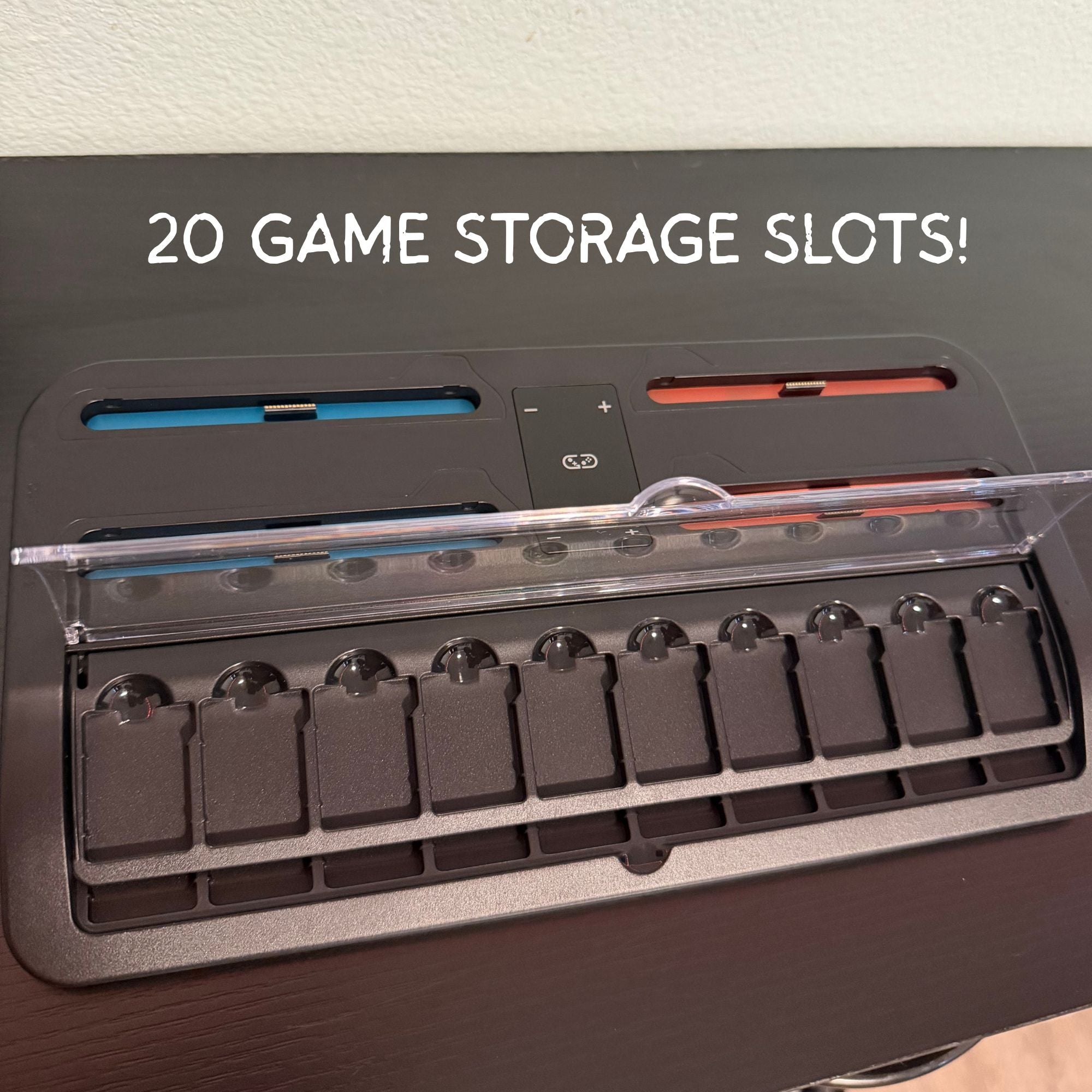 Game cartridge holder with 20 slots on a gray background