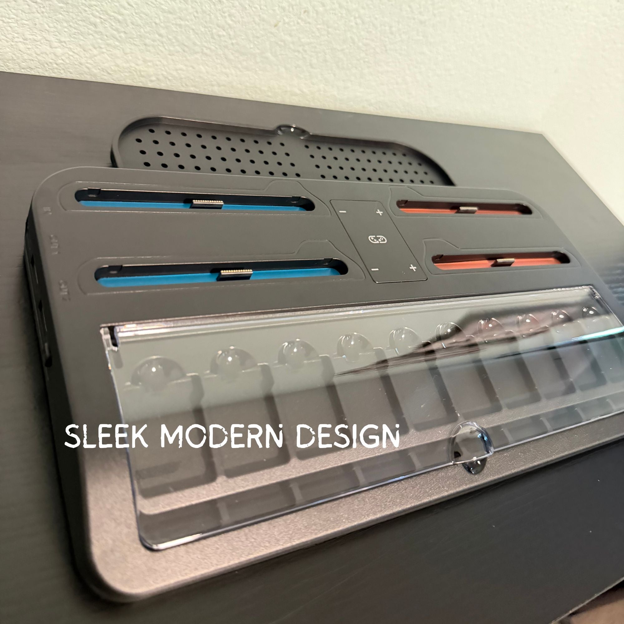 Close-up of a sleek electronic device with text 'SLEEK MODERN DESIGN' on a white background