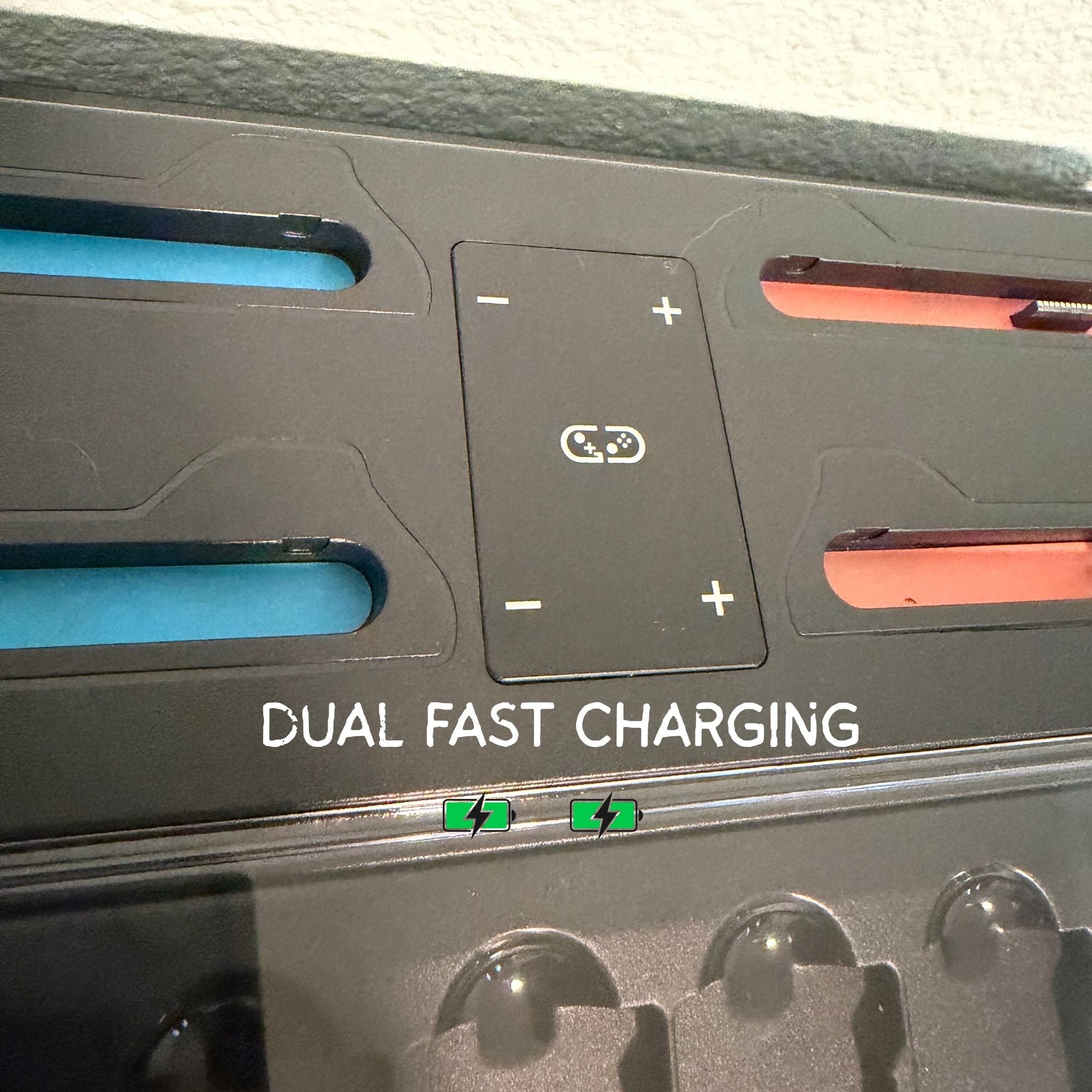Dual fast charging device with control buttons and indicator lights on a gray background