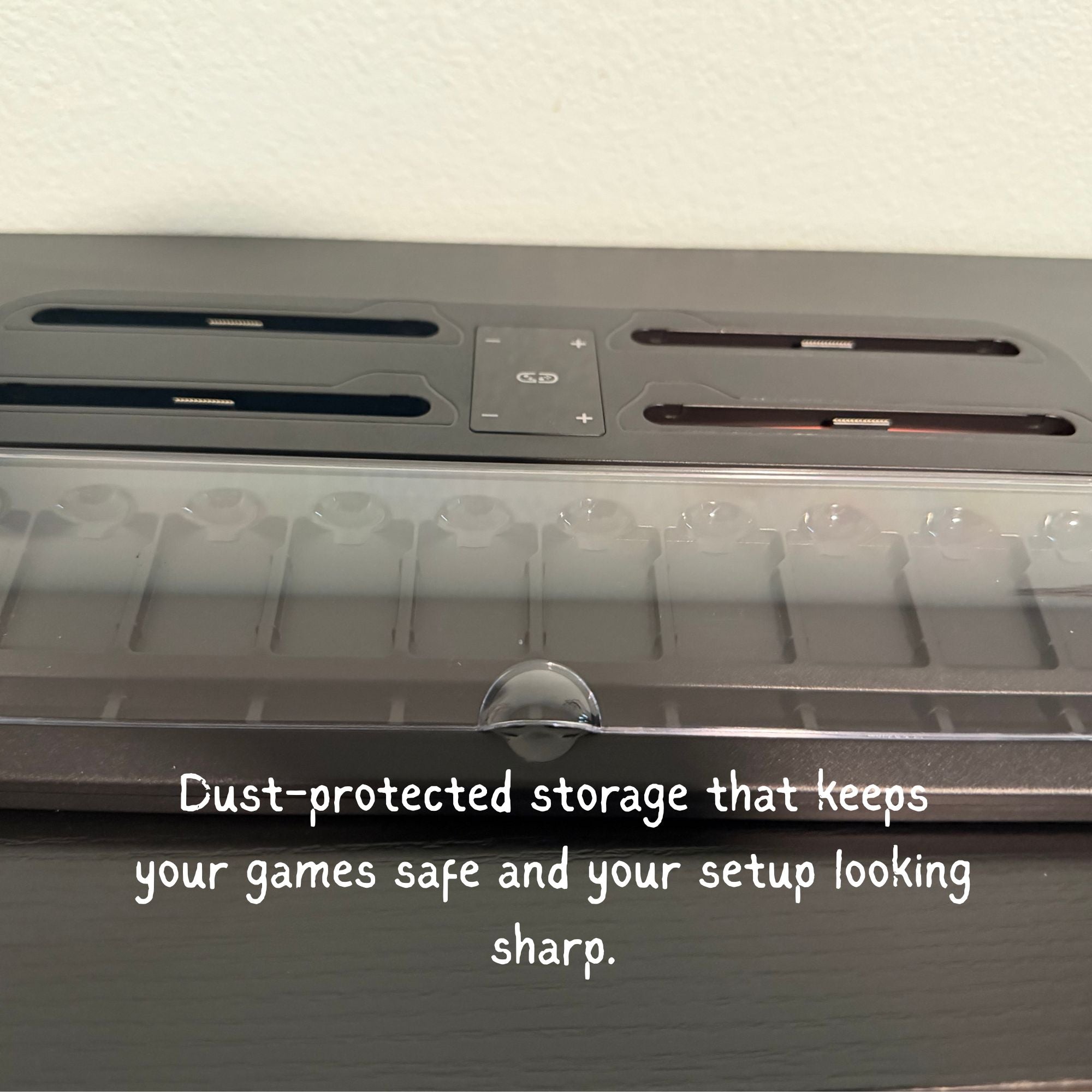 Dust-protected storage for gaming console with text overlay