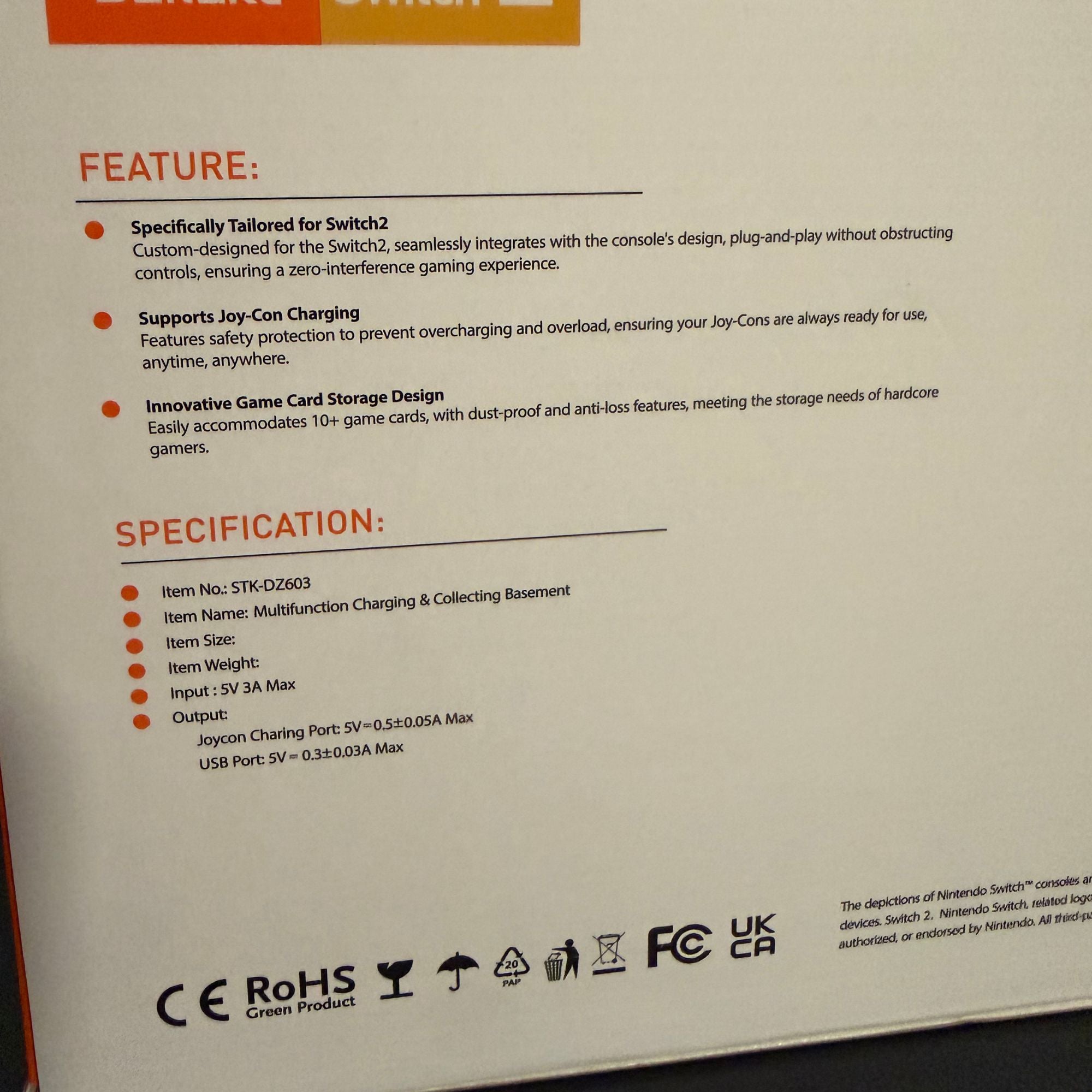 Product packaging with feature and specification details on a white background