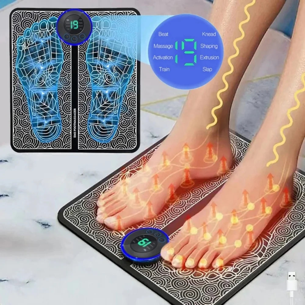 Person using a foot mat with digital display and heating elements on a marble surface.