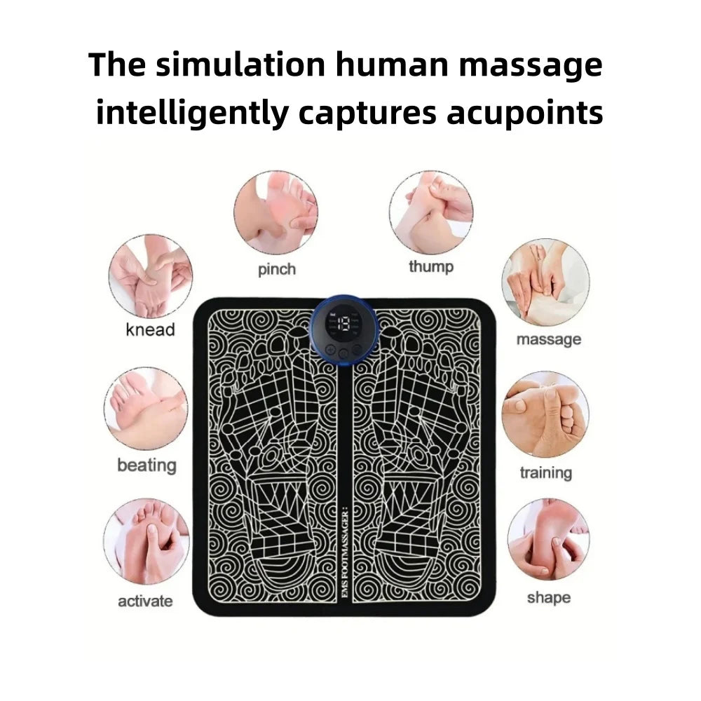Massage device with acupoint diagram and demonstration images on a white background
