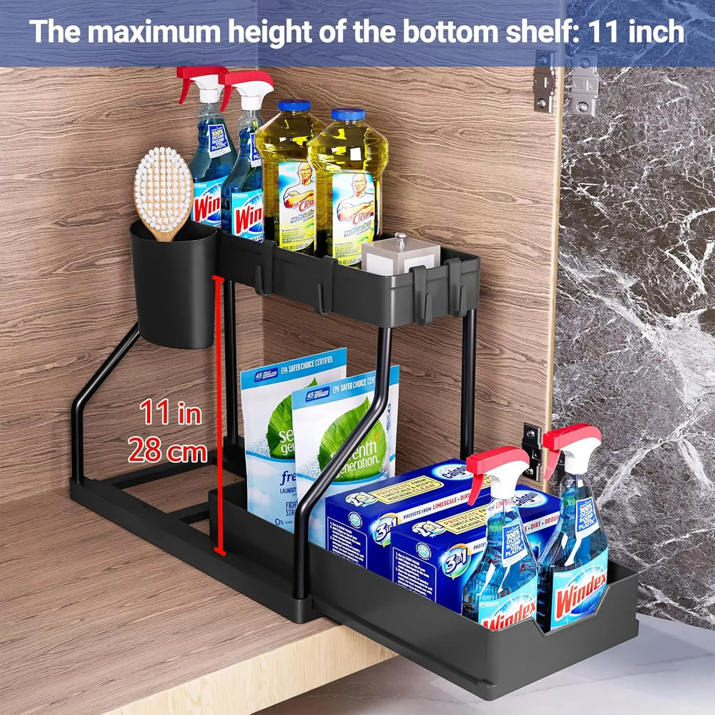 Kitchen shelf organizer with cleaning supplies against a wooden wall.
