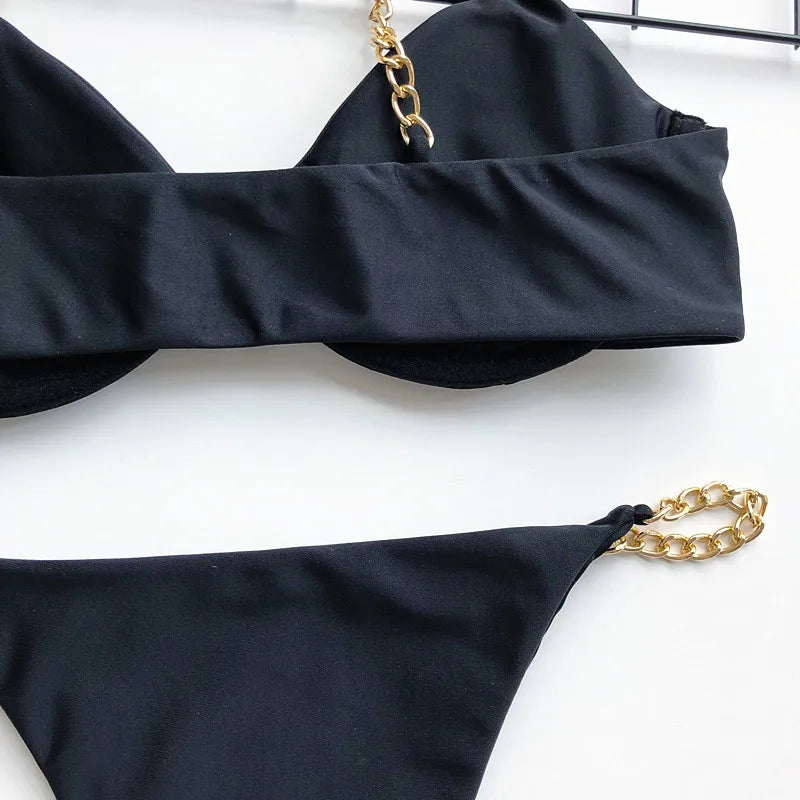 Metal Chain High-Cut One-Piece Swimsuit – Tummy Cut-Out Monokini Bathing Suit for Women