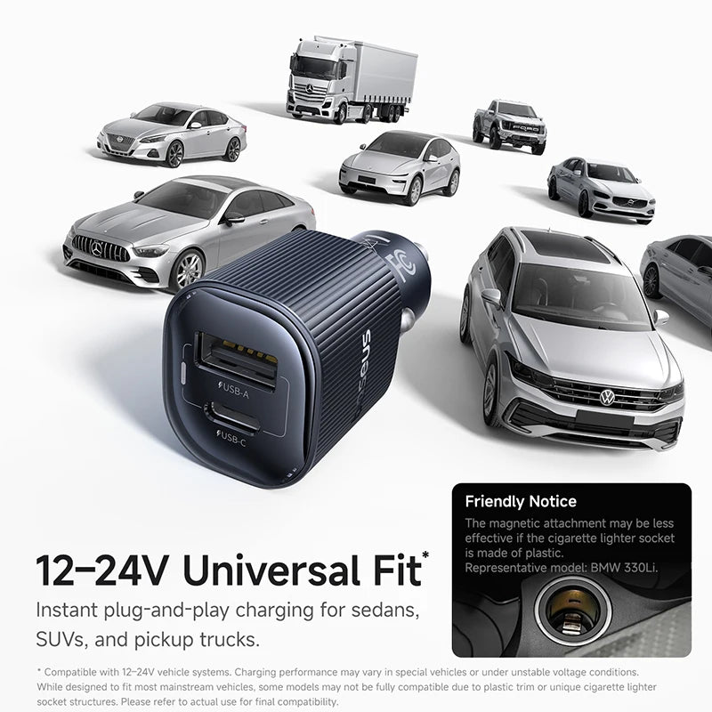 Baseus Car Charger 30W/60W – USB-C PD3.0 Fast Charging, Dual Port for iPhone & Android