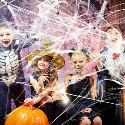 Halloween Artificial Spider Web with Spiders – Stretchy Cotton Cobweb for Indoor & Outdoor Scary Decor