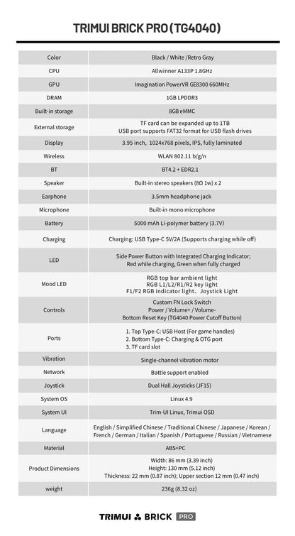 TRIMUI BRICK PRO Retro Handheld Game Console – 3.95" IPS, 5000mAh, Up to 13,000 Games