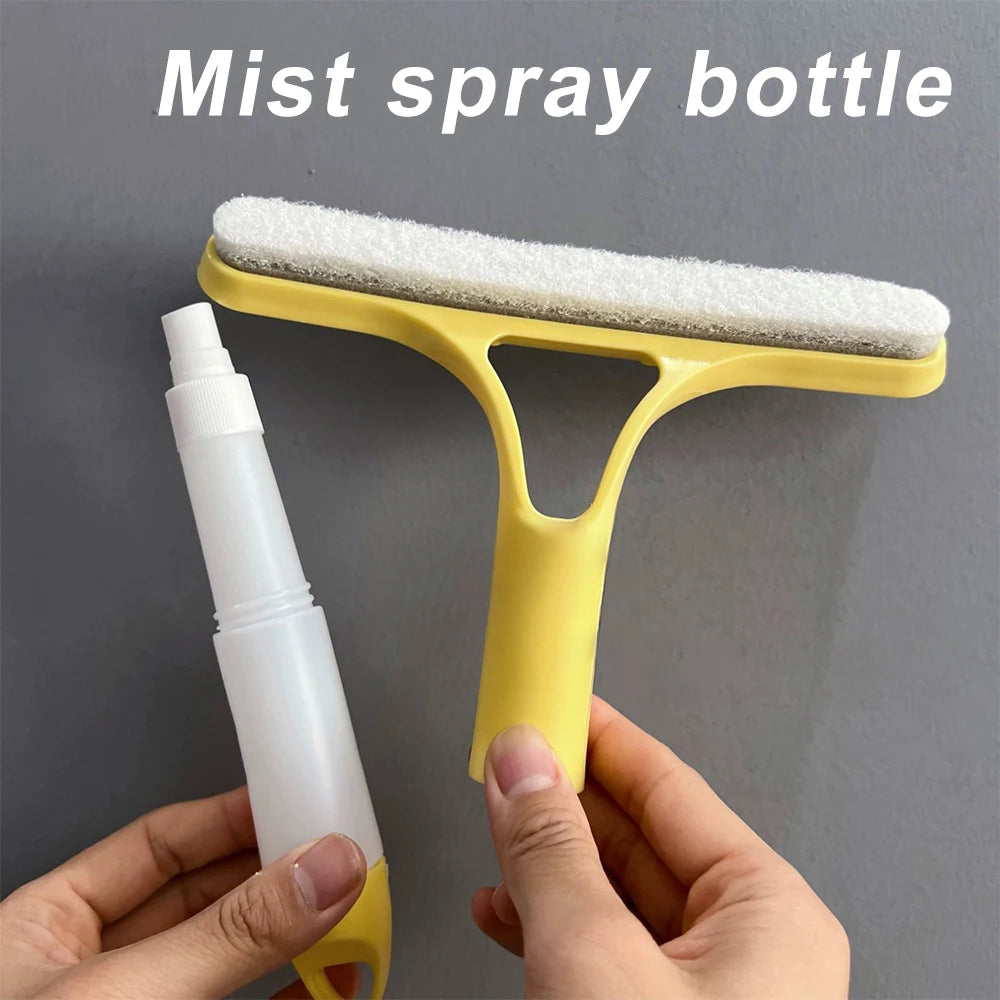 Cleaning tool with squeegee blade and mist spray bottle on a gray background