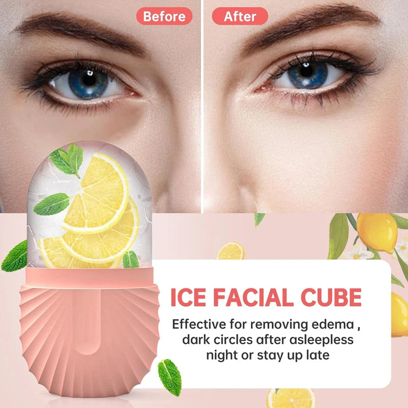 Ice facial cube packaging with lemon slices and green leaves, showing a 'Before' and 'After' effect on skin.