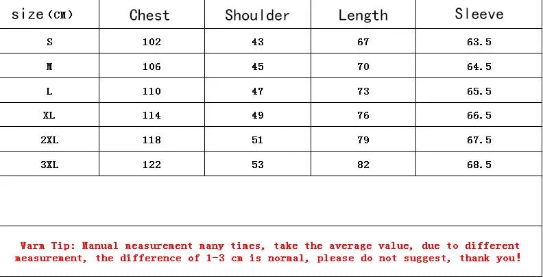 Measurement chart for clothing sizes with dimensions in centimeters.