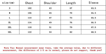 Measurement chart for clothing sizes with dimensions in centimeters.