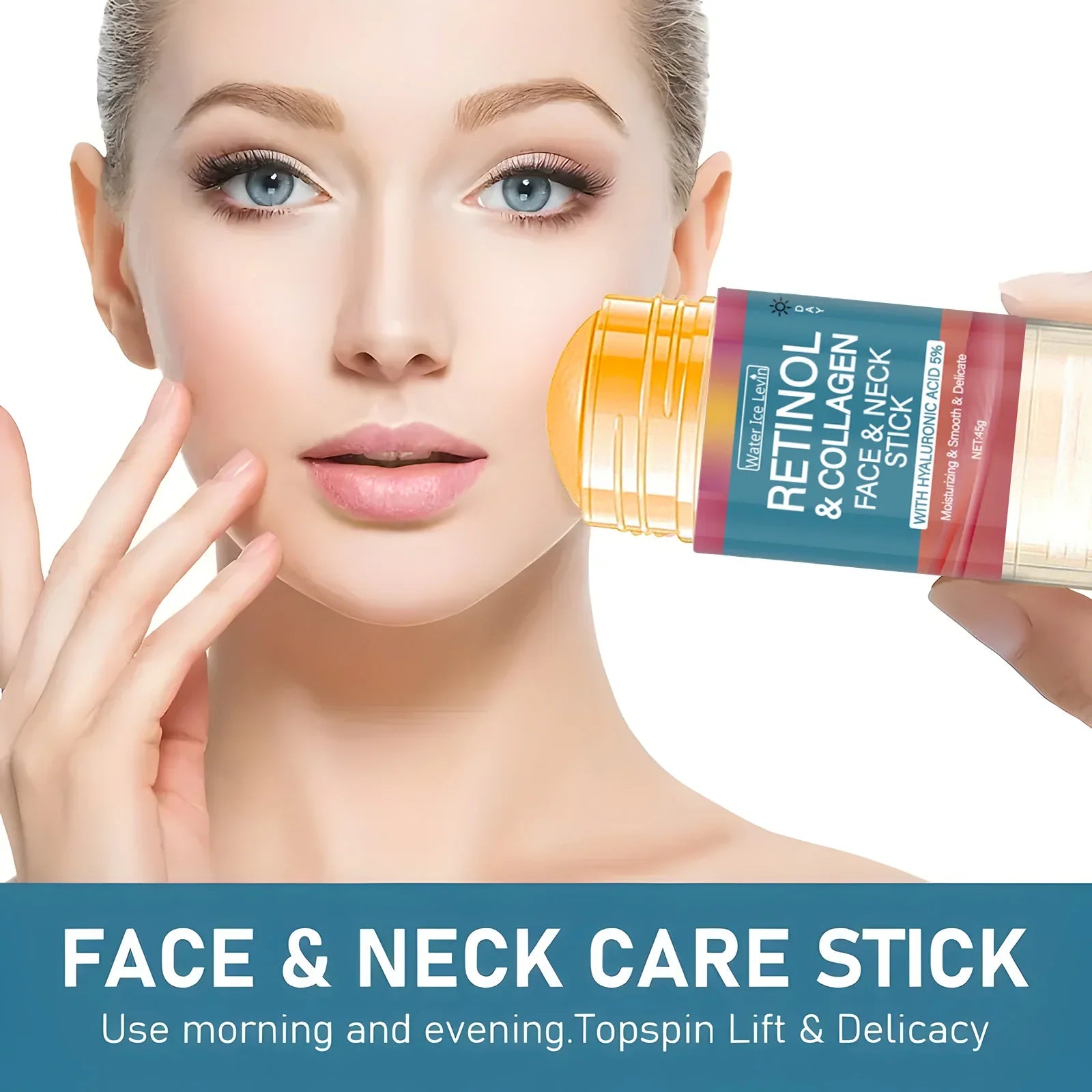 Woman applying a face and neck care stick with text on a white background
