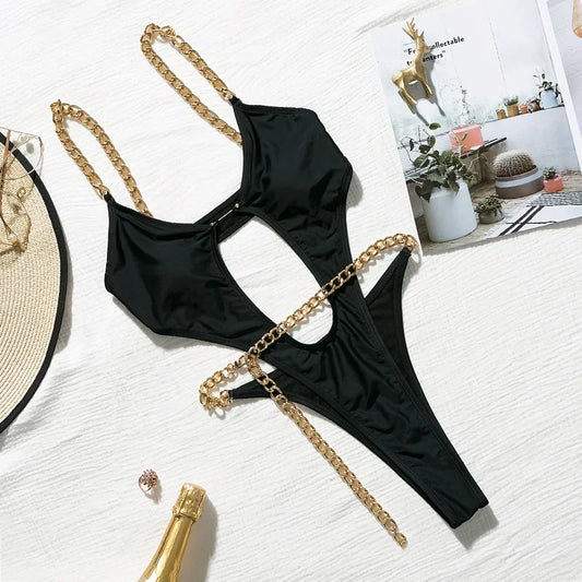 Metal Chain High-Cut One-Piece Swimsuit – Tummy Cut-Out Monokini Bathing Suit for Women
