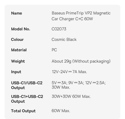 Baseus Car Charger 30W/60W – USB-C PD3.0 Fast Charging, Dual Port for iPhone & Android