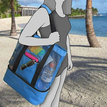Large Insulated Beach Cooler Tote – Mesh Picnic Bag for Food, Drinks & Towels