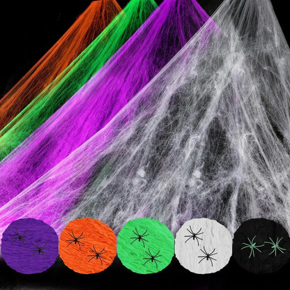 Halloween Artificial Spider Web with Spiders – Stretchy Cotton Cobweb for Indoor & Outdoor Scary Decor