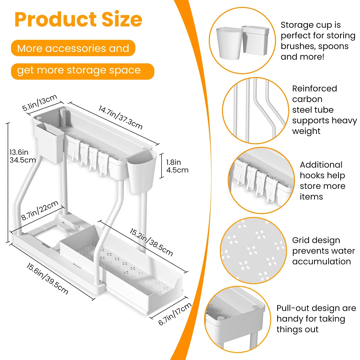 Storage rack with dimensions and features on a white background