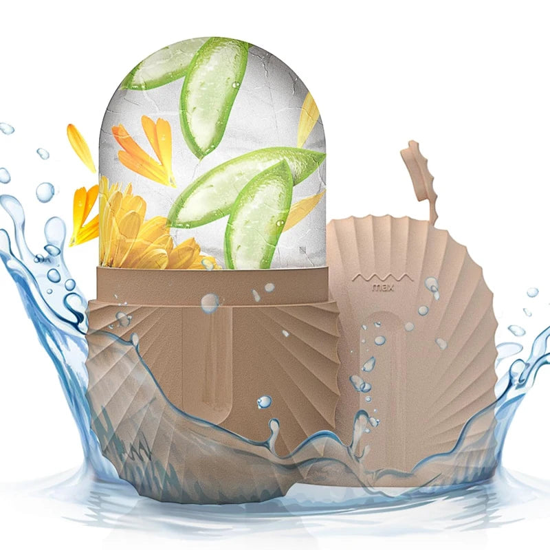 Silicone mold shaped like a seashell with a clear lid containing sliced vegetables, surrounded by water droplets.