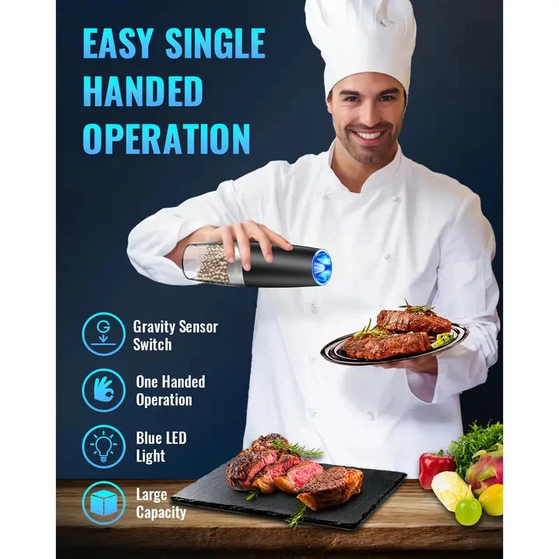 Gravity Electric Salt & Pepper Mill – Automatic Tilt Grinding, Adjustable Coarseness, Large Capacity