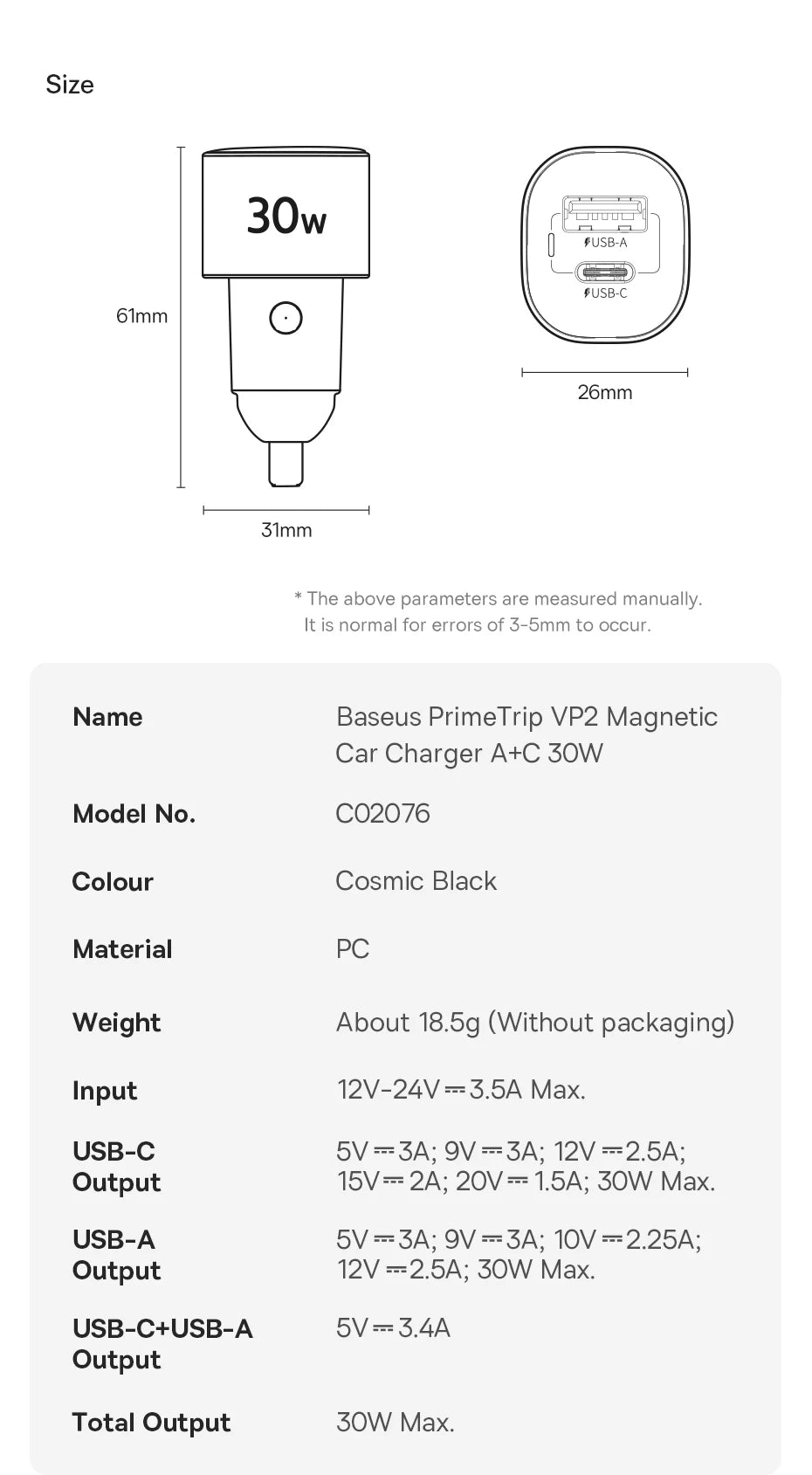 Baseus Car Charger 30W/60W – USB-C PD3.0 Fast Charging, Dual Port for iPhone & Android