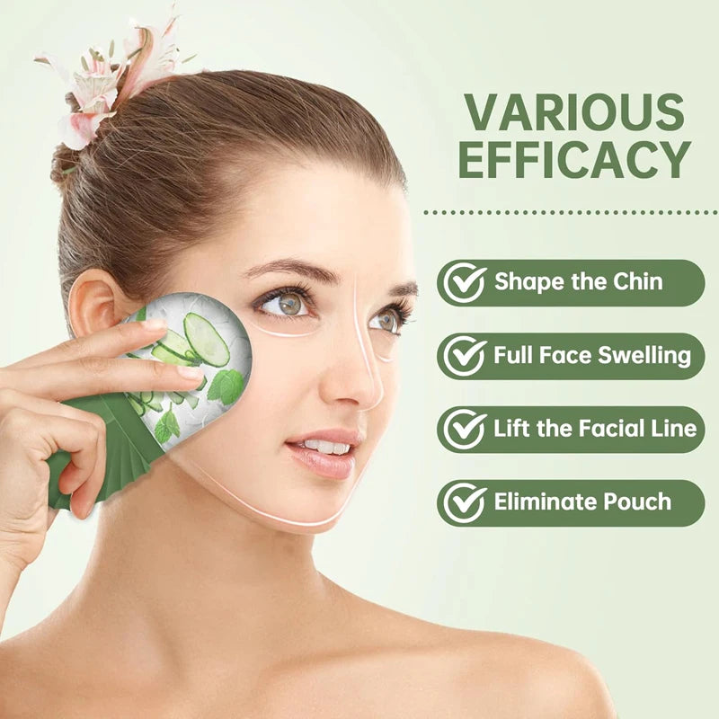 Woman using a facial product with text highlighting various efficacy claims on a light green background