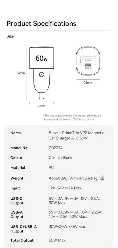 Baseus Car Charger 30W/60W – USB-C PD3.0 Fast Charging, Dual Port for iPhone & Android