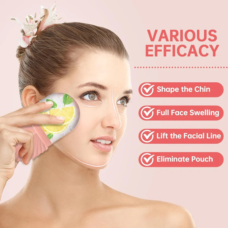 Woman using a facial tool with lemon design on a pink background, featuring text on efficacy.