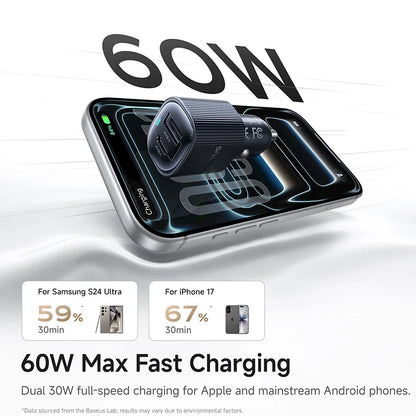 Baseus Car Charger 30W/60W – USB-C PD3.0 Fast Charging, Dual Port for iPhone & Android