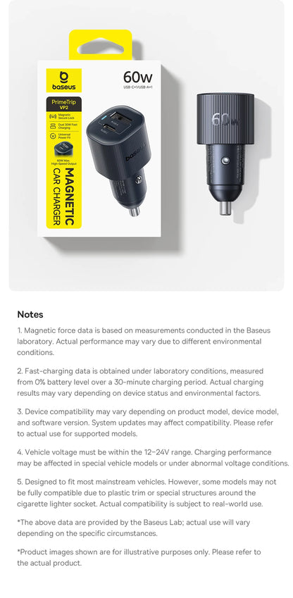 Baseus Car Charger 30W/60W – USB-C PD3.0 Fast Charging, Dual Port for iPhone & Android