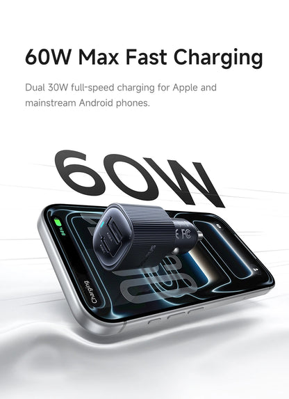 Baseus Car Charger 30W/60W – USB-C PD3.0 Fast Charging, Dual Port for iPhone & Android