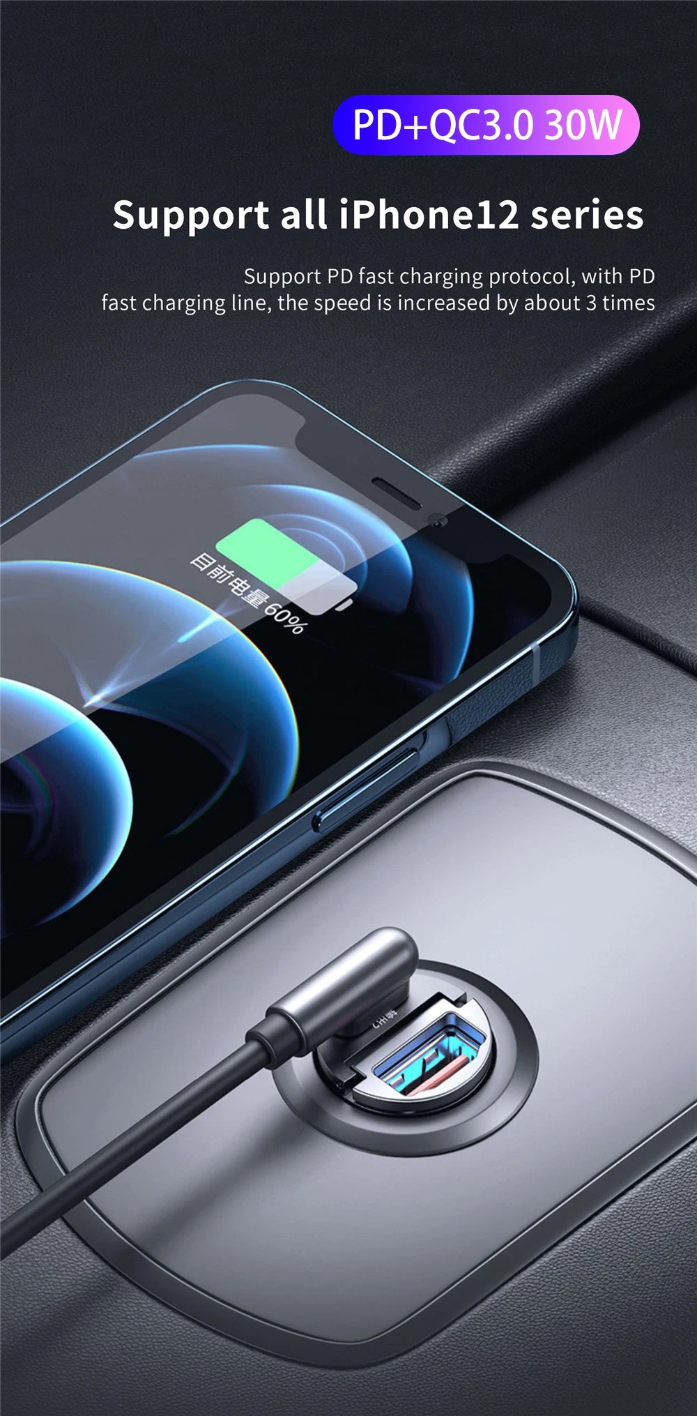 Mini Car Charger – 200W QC3.0 & PD Fast Charging | USB-A + USB-C | iPhone, Samsung, Xiaomi