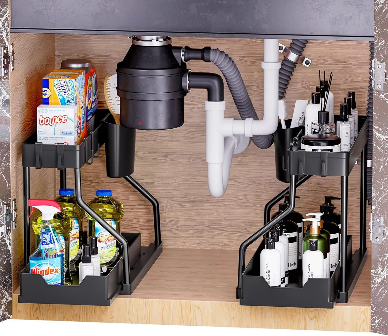 Under-sink organization system with storage racks holding cleaning supplies and bottles.