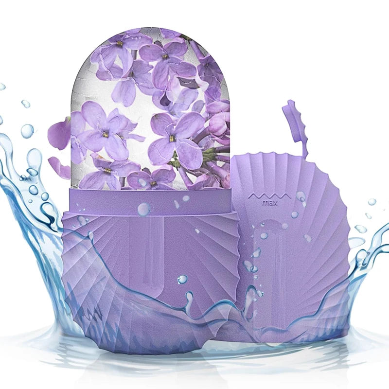 Purple floral product with water droplets and a shell design on a white background