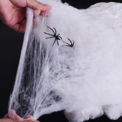 Halloween Artificial Spider Web with Spiders – Stretchy Cotton Cobweb for Indoor & Outdoor Scary Decor