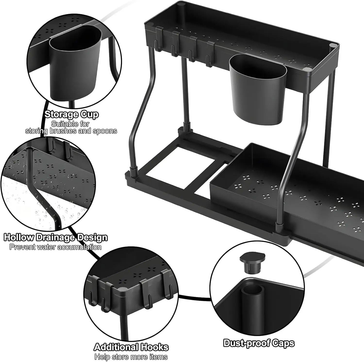 Black kitchen storage rack with cup holders and hooks, featuring close-up details on a white background.