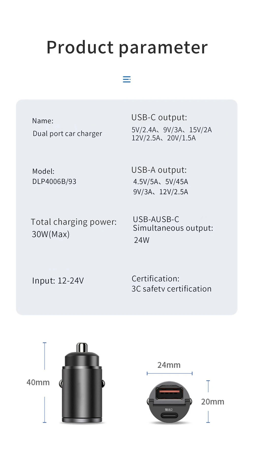Mini Car Charger – 200W QC3.0 & PD Fast Charging | USB-A + USB-C | iPhone, Samsung, Xiaomi