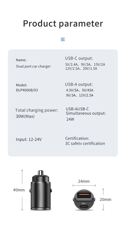 Mini Car Charger – 200W QC3.0 & PD Fast Charging | USB-A + USB-C | iPhone, Samsung, Xiaomi