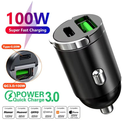Mini Car Charger – 200W QC3.0 & PD Fast Charging | USB-A + USB-C | iPhone, Samsung, Xiaomi