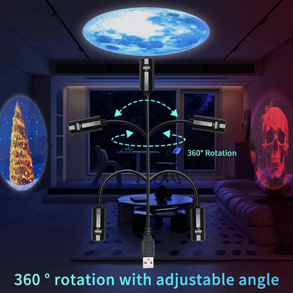 LED Halloween Moon Lamp – USB Projector Night Light with Interchangeable Film Slides