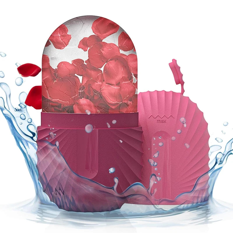 Pink cosmetic product with rose petals and water splashes on a white background