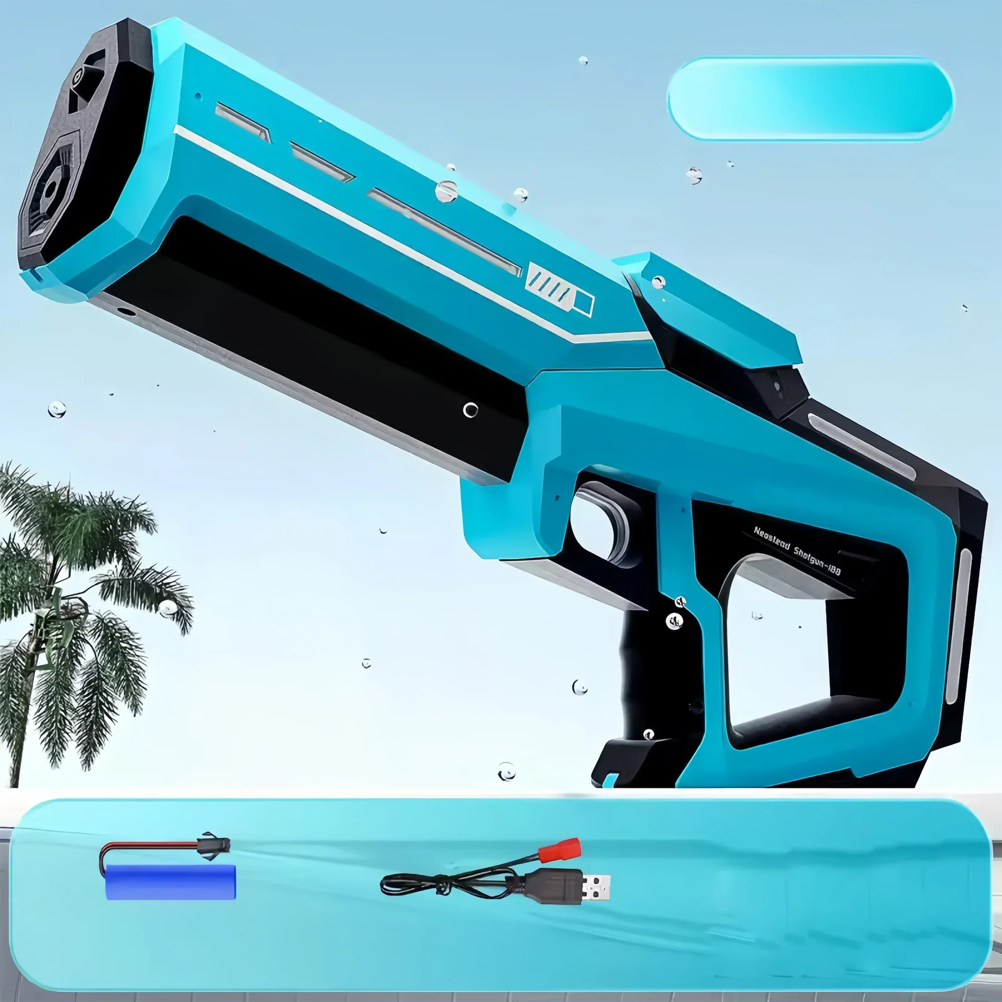 Teal and black handheld device with a palm tree and battery pack in the background