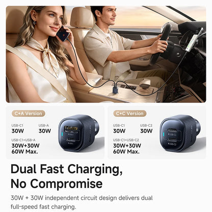 Baseus Car Charger 30W/60W – USB-C PD3.0 Fast Charging, Dual Port for iPhone & Android