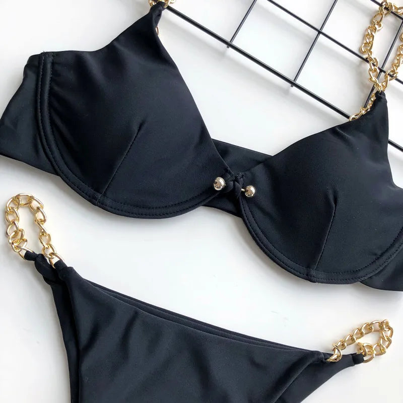 Metal Chain High-Cut One-Piece Swimsuit – Tummy Cut-Out Monokini Bathing Suit for Women