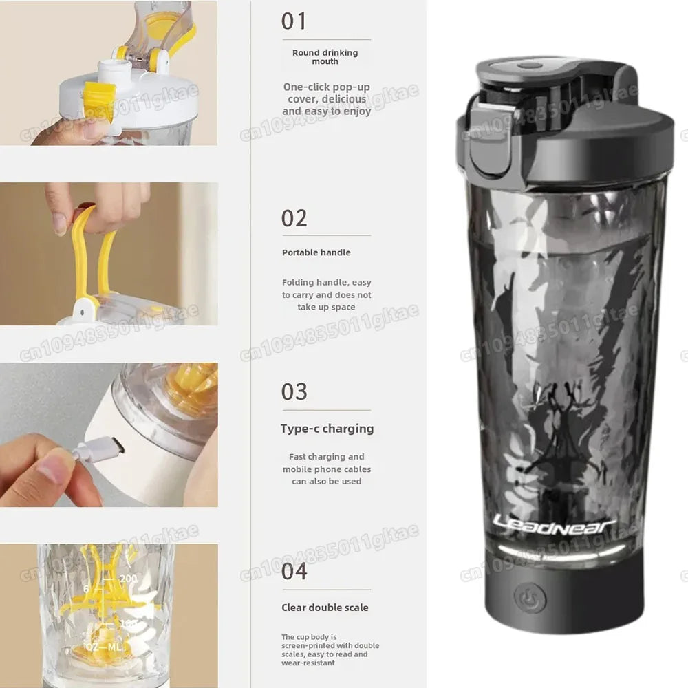 Electric Shaker Bottle – USB Rechargeable Protein Mixer Cup (450ml–630ml)