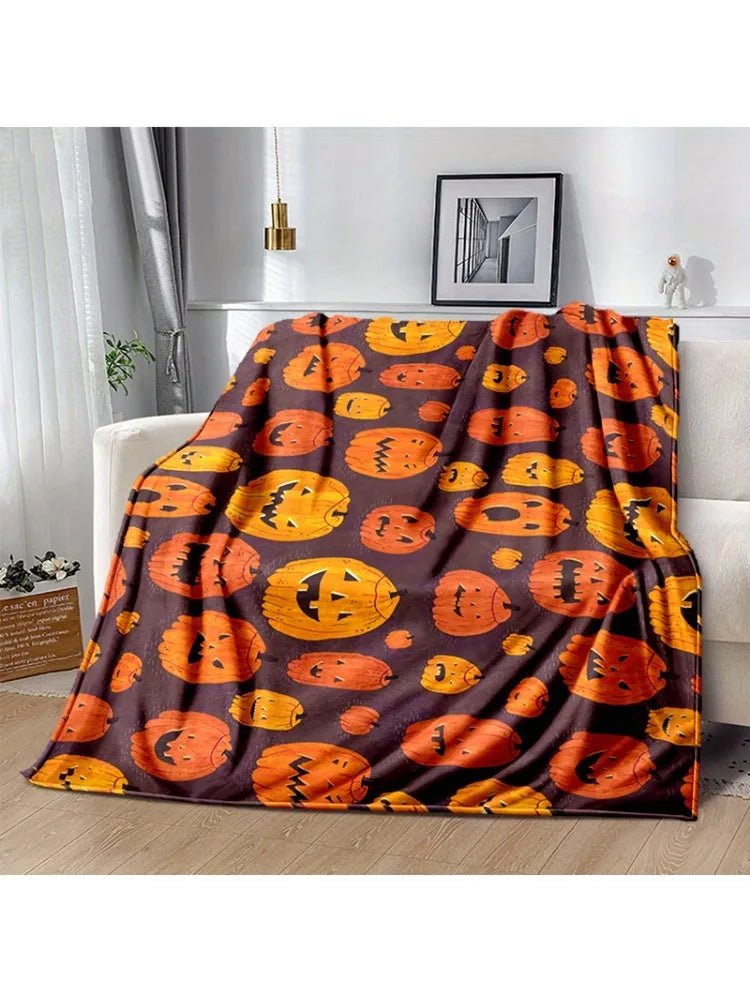 Halloween Flannel Throw Blanket – Soft 3D Printed Cozy Blanket with Pumpkin, Witch Hat, Spider Web & Bat Design